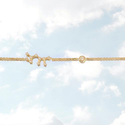 Zodiac constellation of Sagittarius, 24K yellow gold plated sterling silver bracelet with white cubic zirconia.