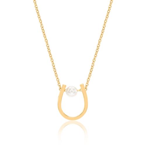 Yellow gold plated sterling silver necklace, horseshoe and pearl.