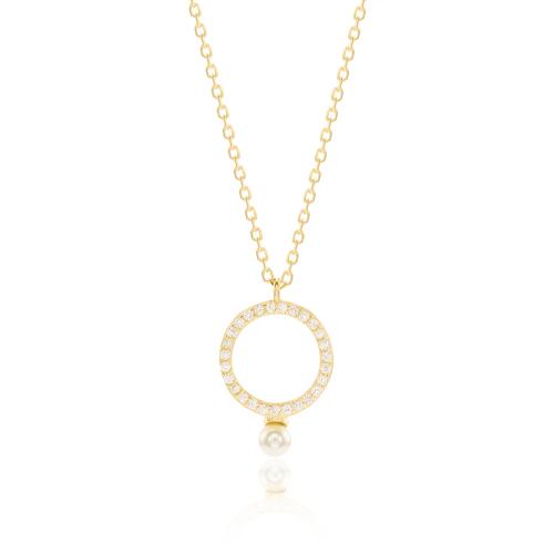 Yellow gold plated sterling silver necklace, white cubic zirconia circle and pearl.