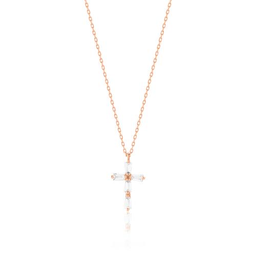 Rose gold plated sterling silver necklace, cross with crystals.