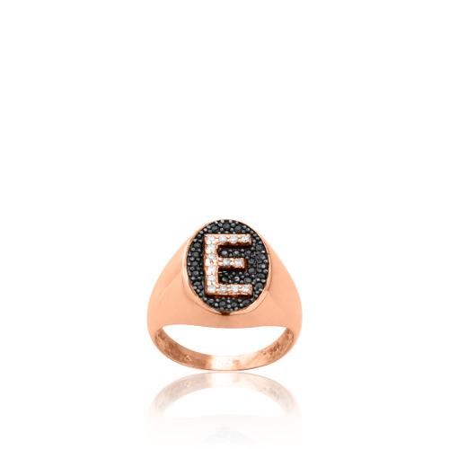 Rose gold plated sterling silver ring, monogram E with black and white zirconia.