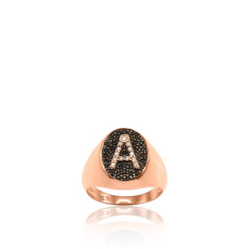 Rose gold plated sterling silver ring, monogram A with black and white zirconia.