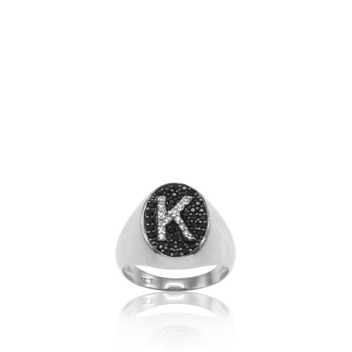 Δαχτυλίδι ασήμι 925, μονόγραμμα K με ασπρόμαυρα ζιργκόν.