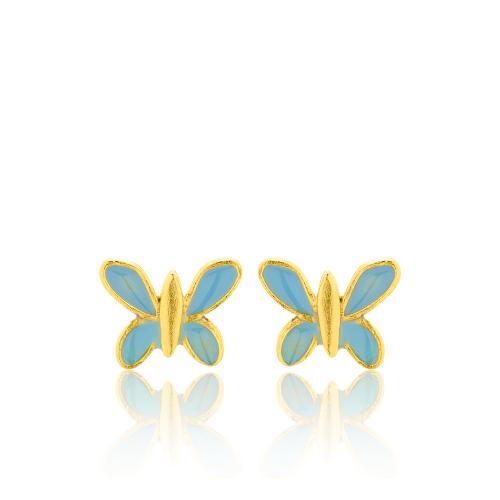 24Κ Yellow gold plated sterling silver children's earrings, turquoise enamel butterfly.