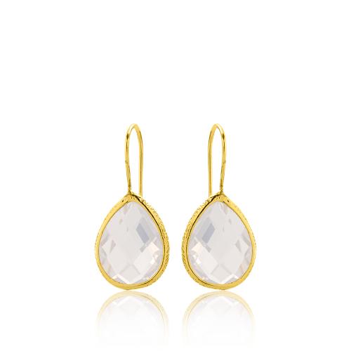 24Κ Yellow gold plated brass earrings, white semi precious stones.