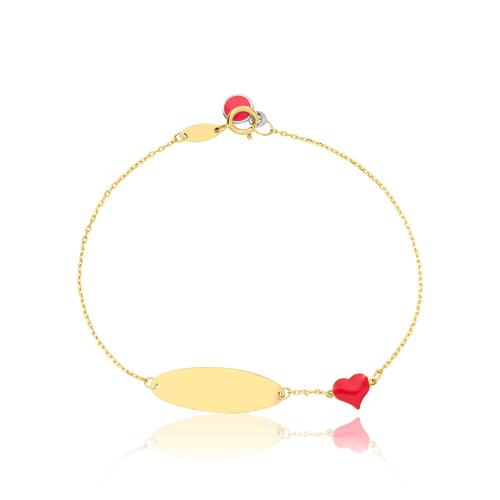 14K Yellow gold children's bracelet, identity and red enamel heart.