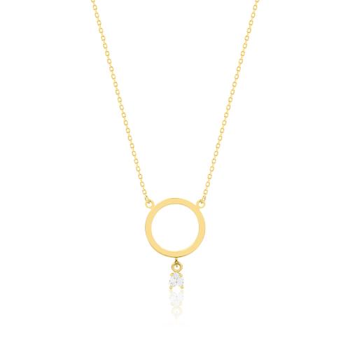 14K Yellow gold necklace, circle and white solitaire.