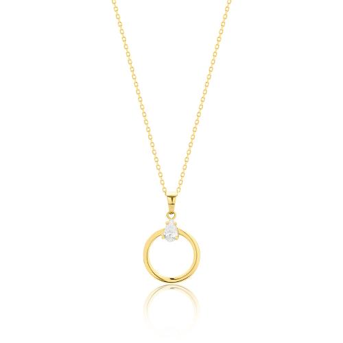 14K Yellow gold necklace, circle and white solitaire.