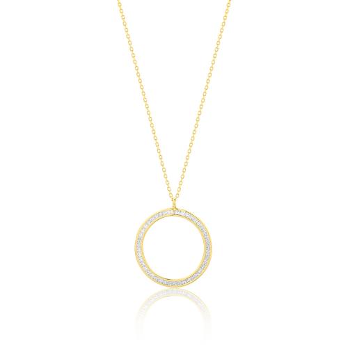 14K Yellow gold necklace, white cubic zirconia circle.