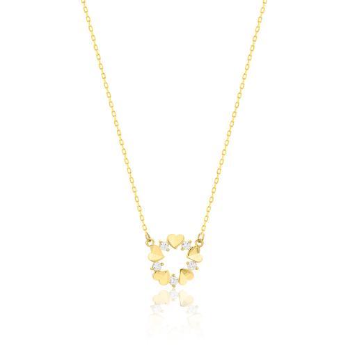14K Yellow gold necklace, white cubic zirconia hearts.