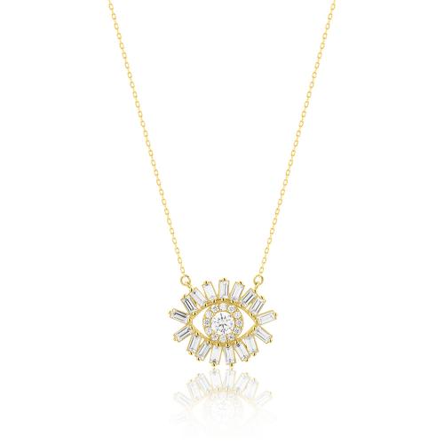 14K Yellow gold necklace, white cubic zirconia and crystals evil eye.