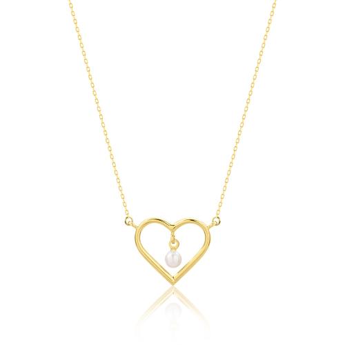 14K Yellow gold necklace, heart and pearl.