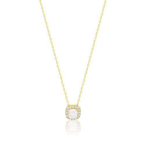 14K Yellow gold necklace, white cubic zirconia solitaire.
