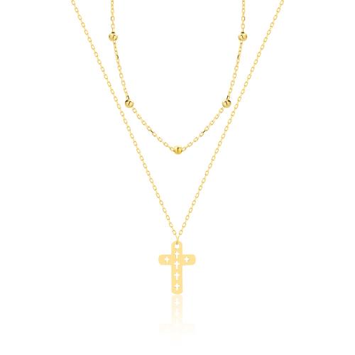 14K Yellow gold double necklace, cross and balls.