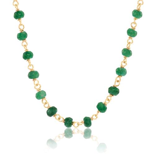 24Κ Yellow gold plated brass rosary necklace, green semi precious stones.