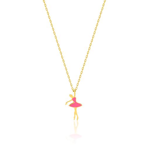 24K Yellow gold plated sterling silver necklace, fuchsia enamel ballerina.