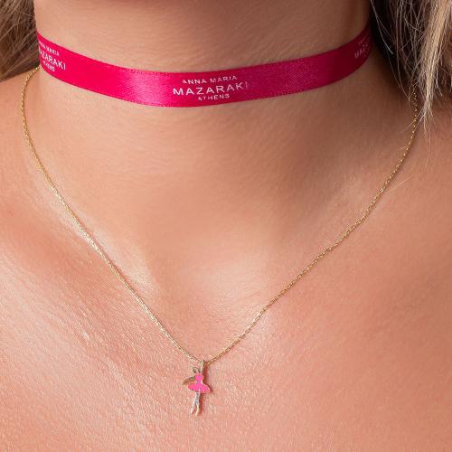 24K Yellow gold plated sterling silver necklace, fuchsia enamel ballerina.