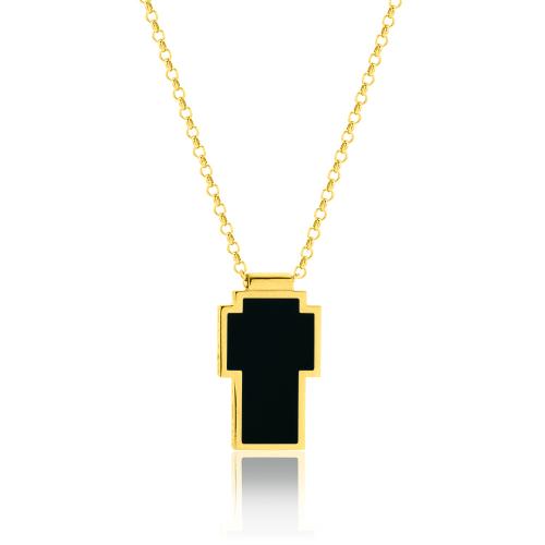 24K Yellow gold plated sterling silver necklace, black enamel cross.
