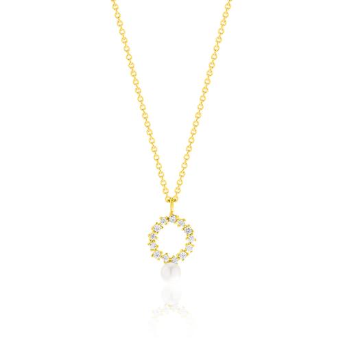 24Κ Yellow gold plated sterling silver necklace, white cubic zirconia circle and pearl.