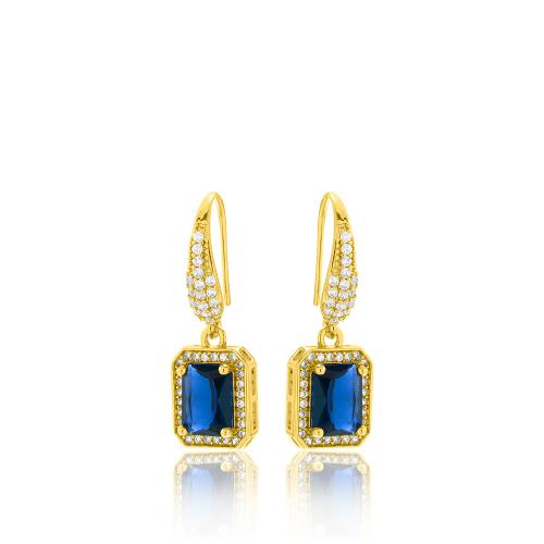 24Κ Yellow gold plated brass earrings, blue solitaire and white cubic zirconia.