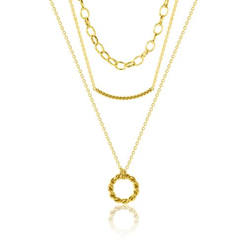 24Κ Yellow gold plated brass triple necklace, chain and circle.
