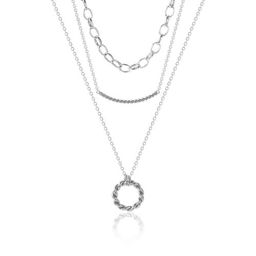 Rhodium plated brass triple necklace, chain and circle.