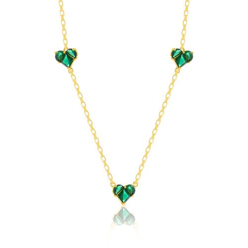 24Κ Yellow gold plated brass necklace, green hearts solitaires.