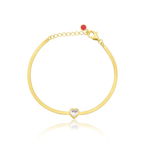 24Κ Yellow gold plated sterling silver bracelet, white heart solitaire and flat chain.