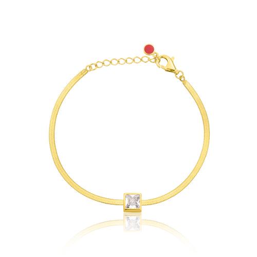 24Κ Yellow gold plated sterling silver bracelet, white solitaire and flat chain.