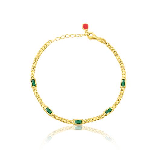 24Κ Yellow gold plated sterling silver bracelet, green solitaires.