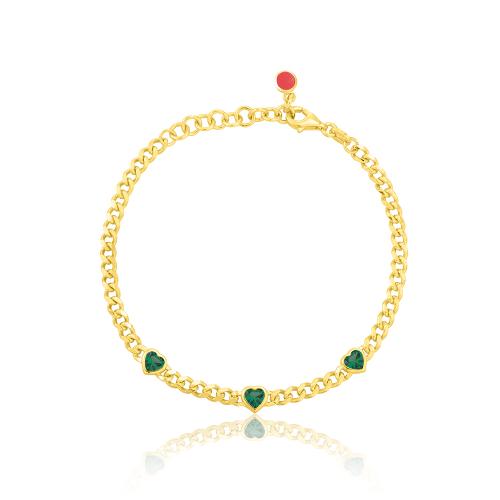 24Κ Yellow gold plated sterling silver bracelet, green heart solitaires.