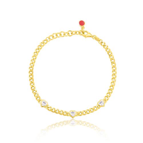 24Κ Yellow gold plated sterling silver bracelet, white heart solitaires.