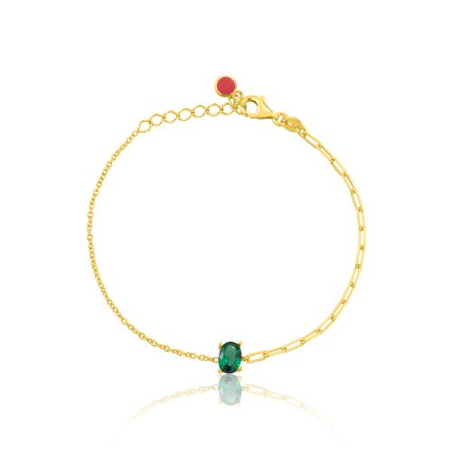 24Κ Yellow gold plated sterling silver bracelet, green solitaire and rectangle chain.