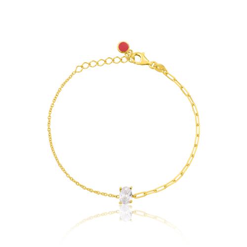 24Κ Yellow gold plated sterling silver bracelet, white solitaire and rectangle chain.