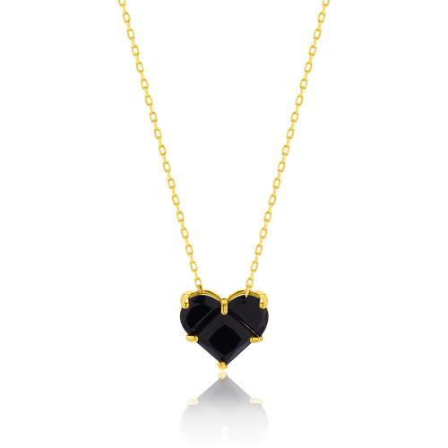 24Κ Yellow gold plated sterling silver necklace, black heart solitaire.
