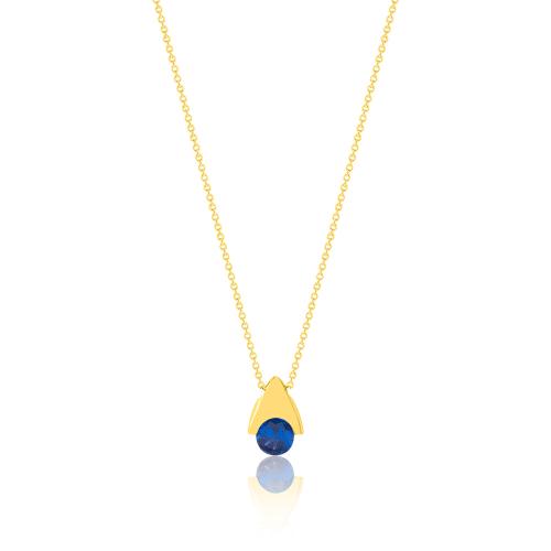 24Κ Yellow gold plated sterling silver necklace, blue solitaire.