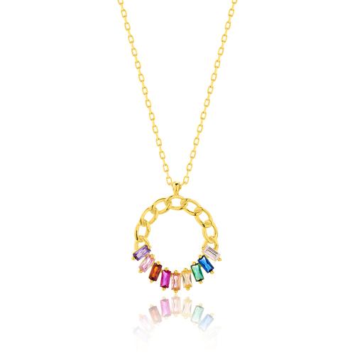 24Κ Yellow gold plated sterling silver necklace, circle with multi color crystals.