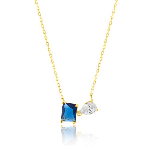 24Κ Yellow gold plated sterling silver necklace, blue and white solitaire.