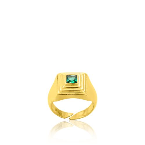 Δαχτυλίδι ασήμι 925, κίτρινο επιχρύσωμα 24Κ, πράσινο μονόπετρο.