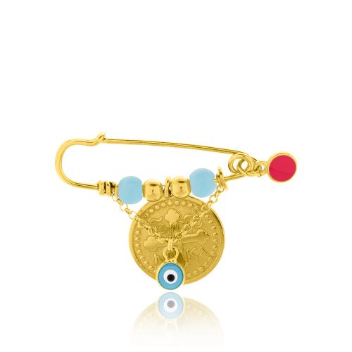 Yellow gold plated sterling silver safety pin, coin and evil eye.