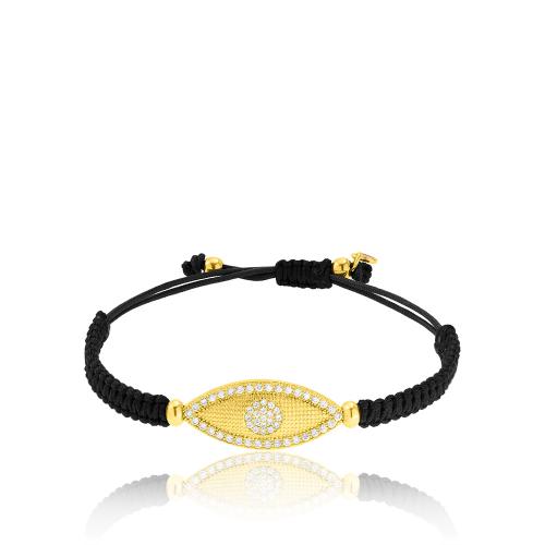 Black macrame bracelet, 24Κ Yellow gold plated brass evil eye with white cubic zirconia.