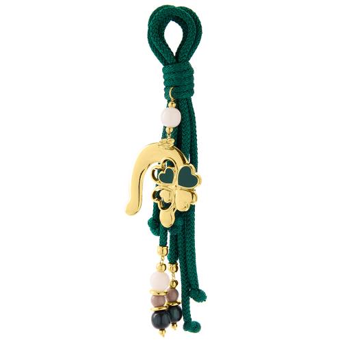 2023 Lucky charm, yellow gold plated alloy green enamel clover and horseshoe, green tassel. Length: 25cm.