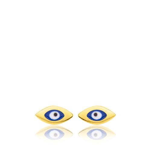 24Κ Yellow gold plated sterling silver earrings, blue enamel evil eye.