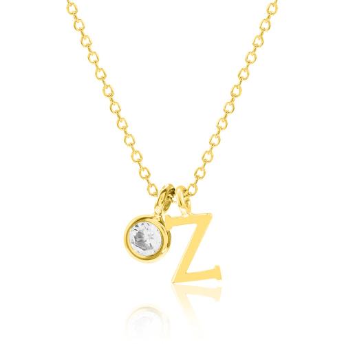 24Κ Yellow gold plated sterling silver necklace, monogram Ζ and white solitaire.