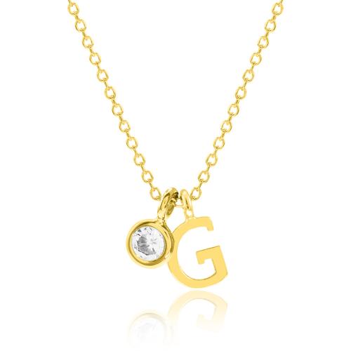 24Κ Yellow gold plated sterling silver necklace, monogram G and white solitaire.