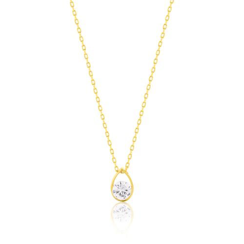 24Κ Yellow gold plated sterling silver necklace, white solitaire teardrop.
