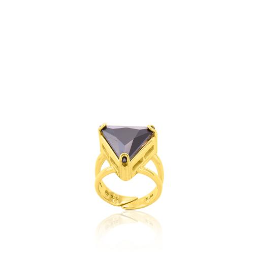 24Κ Yellow gold plated sterling silver ring, black triangle solitaire.