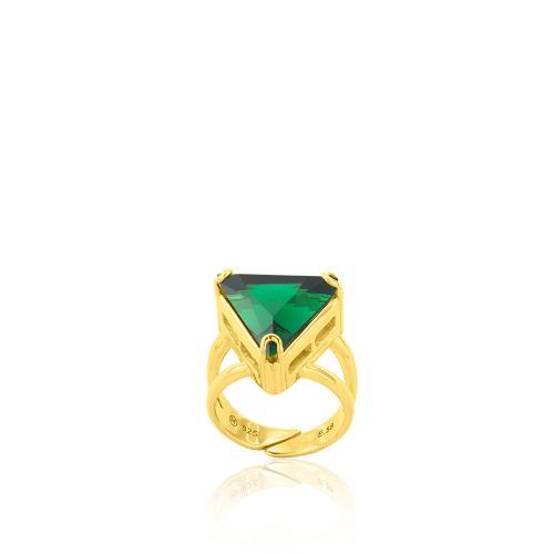 Δαχτυλίδι ασήμι 925, κίτρινο επιχρύσωμα 24Κ, πράσινο μονόπετρο τρίγωνο.