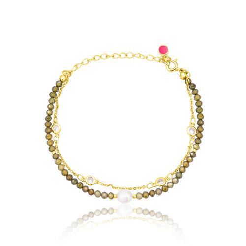24Κ Yellow gold plated brass bracelet, olive semi precious stones and solitaires.