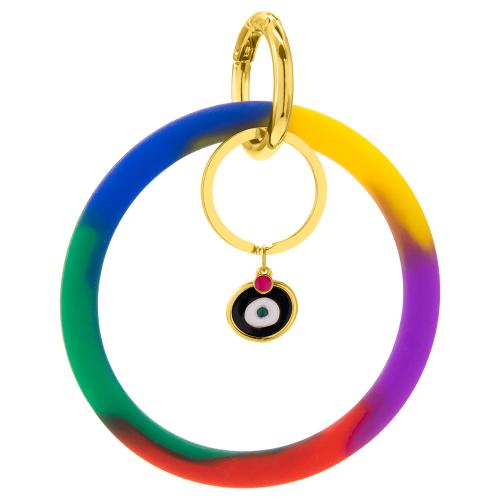 Multicolor silicone key ring-bracelet , 24Κ Yellow gold plated brass and black enamel evil eye.